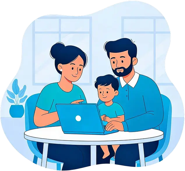 Family at a table with a laptop